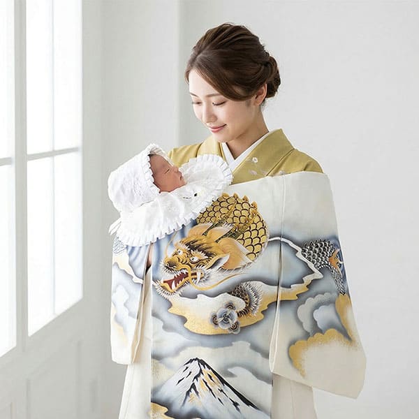 お宮参り産着／白地に龍と富士山の祝い着／男児