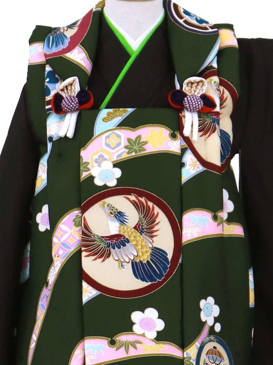 鷹紋のグリーンの被布コート・黒の着物セット／七五三・三歳男の子・被布コートセット