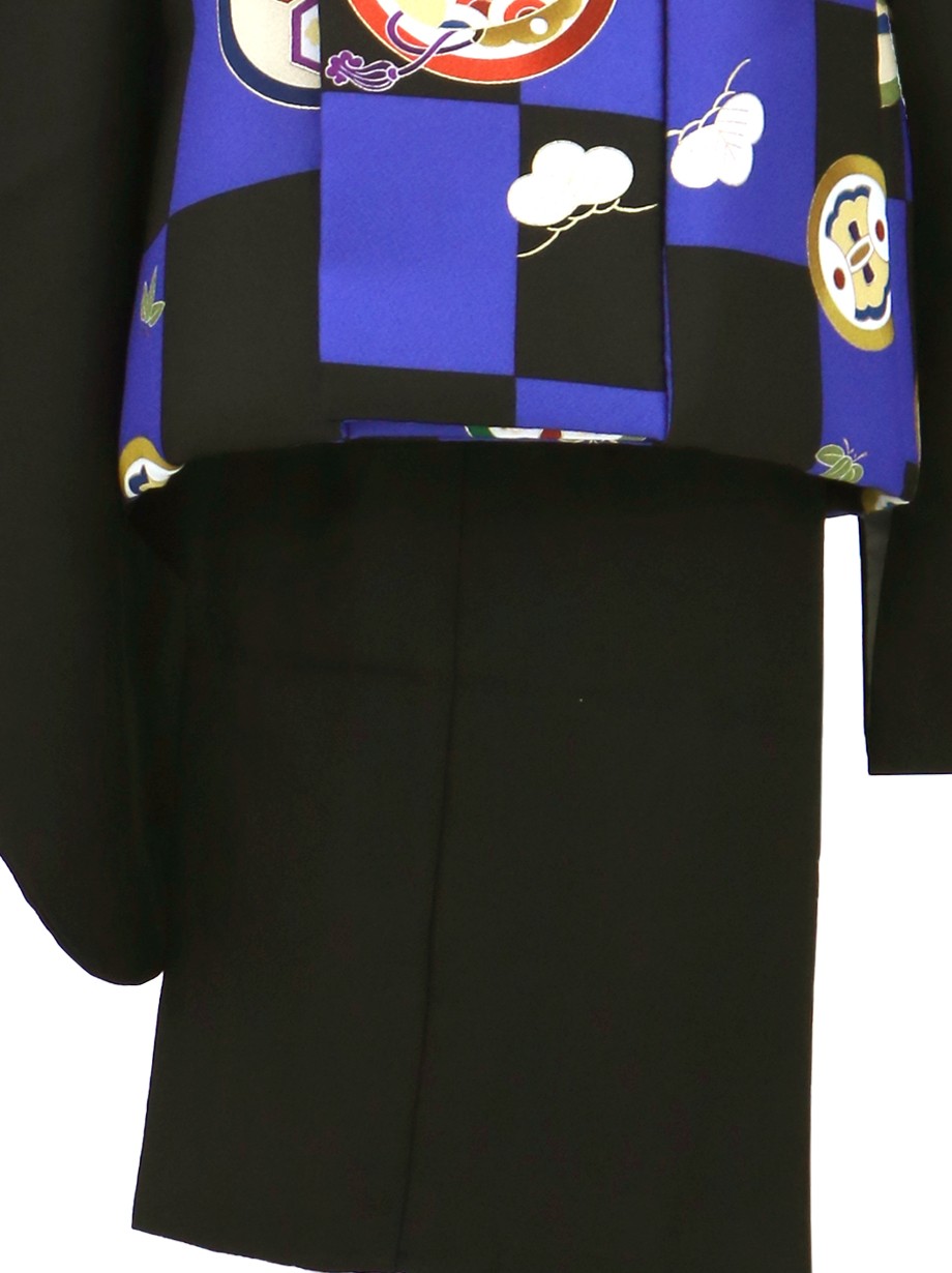 青と黒の市松の被布コート・黒の着物セット／七五三・三歳男の子・被布コートセット