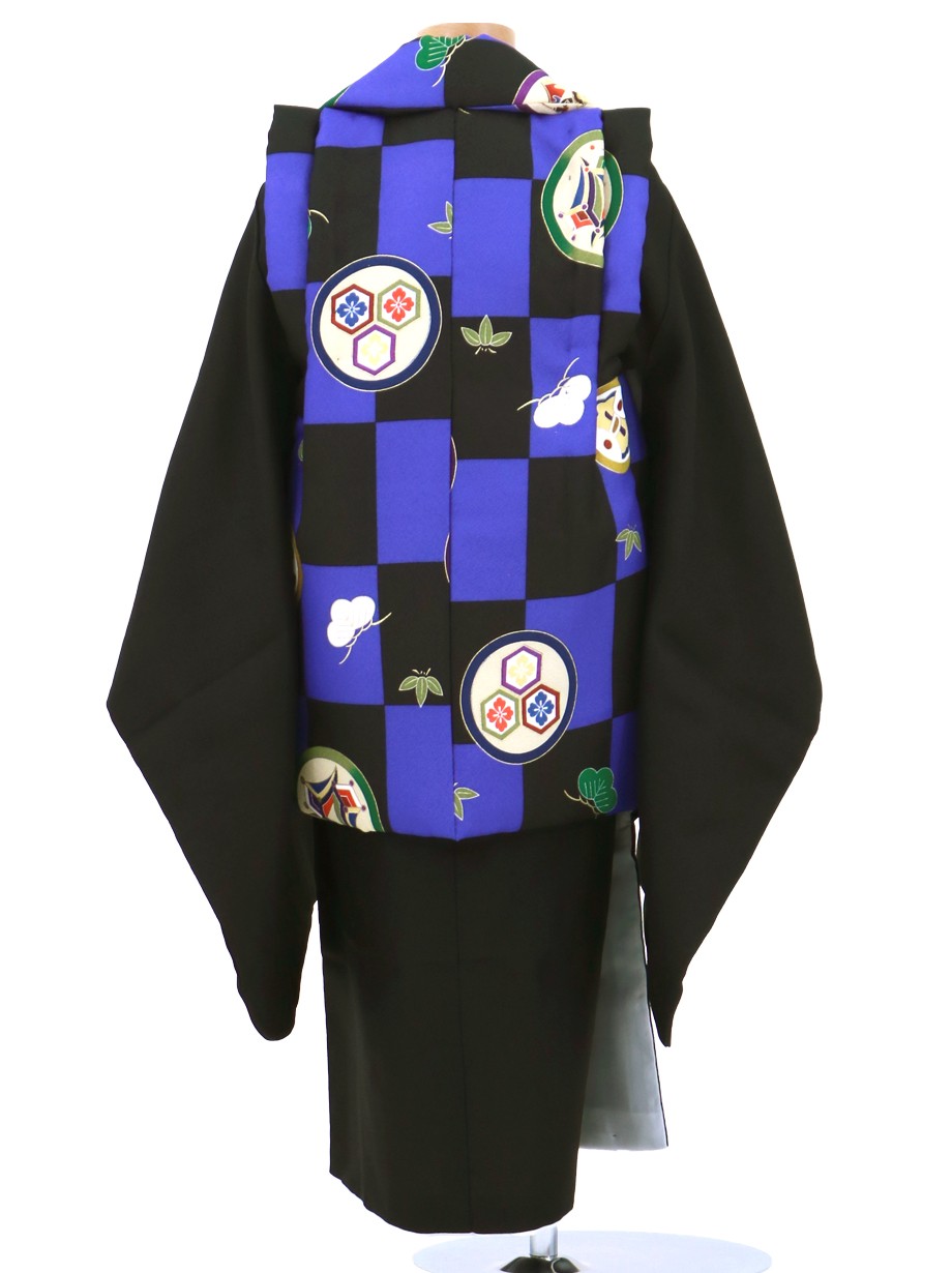 青と黒の市松の被布コート・黒の着物セット／七五三・三歳男の子・被布コートセット