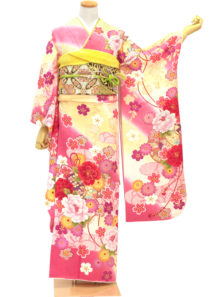 ピンク色に枝垂れ桜の振袖／小さめサイズ