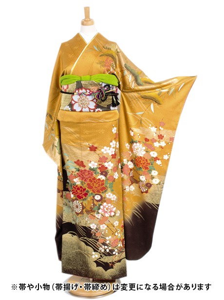 鬱金地に松・花車の振袖