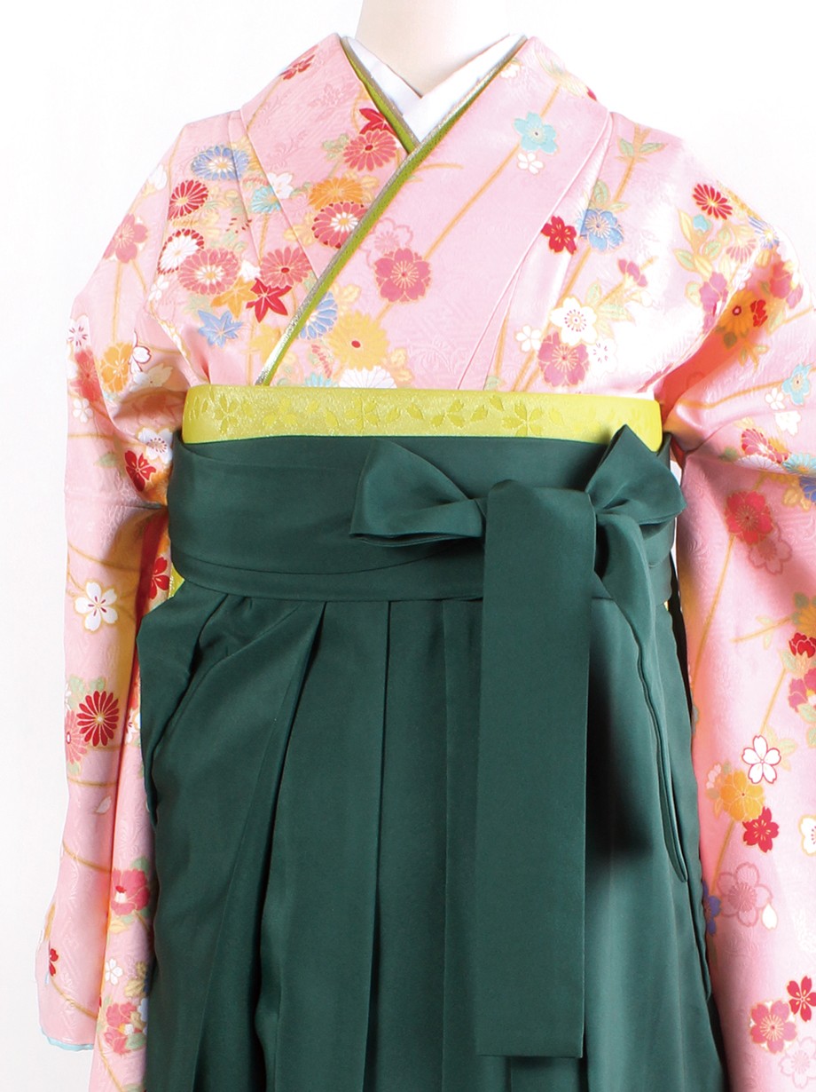 ピンク地に枝垂桜 緑袴 二尺袖 卒業式 宅配着物レンタルの京都かしきもの