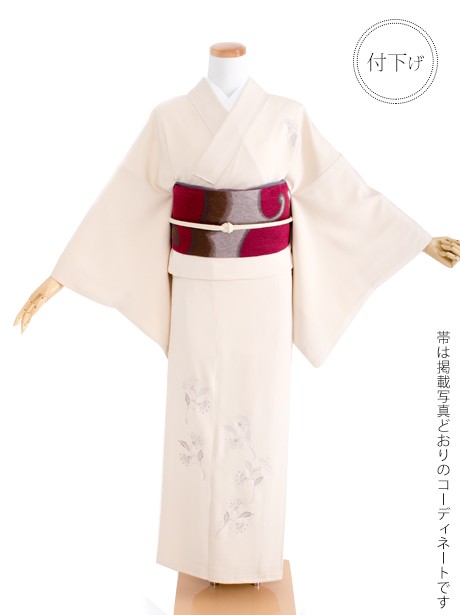 ベージュ色地に刺繍の洋花文様の付下(袷)