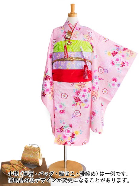 ピンク地に折鶴と桜の着物／七五三・七歳女の子