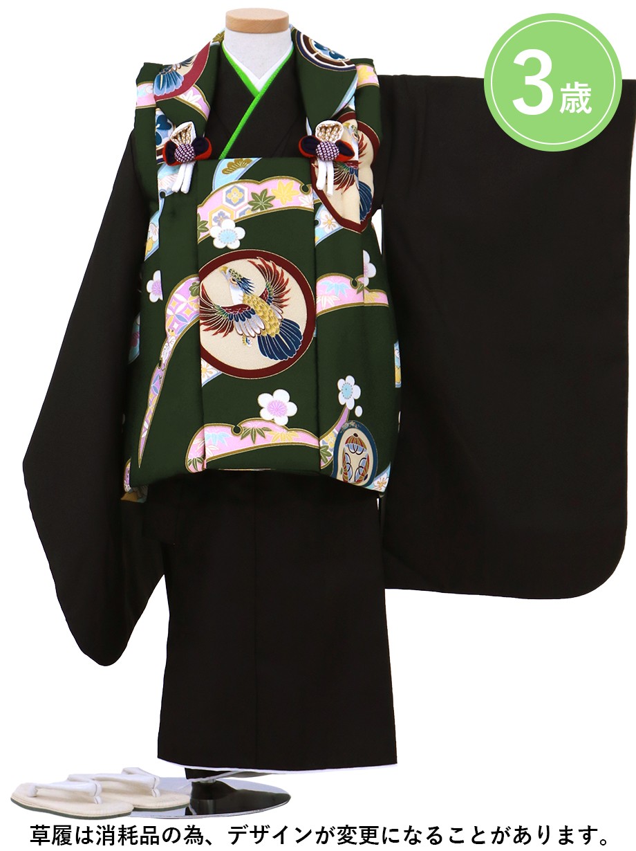 鷹紋のグリーンの被布コート・黒の着物セット／七五三・三歳男の子・被布コートセット