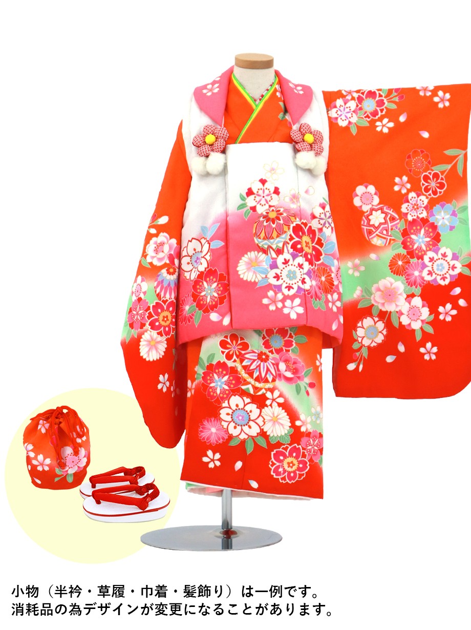 橙色に桜と鞠の被布コートセット／七五三・三歳女の子