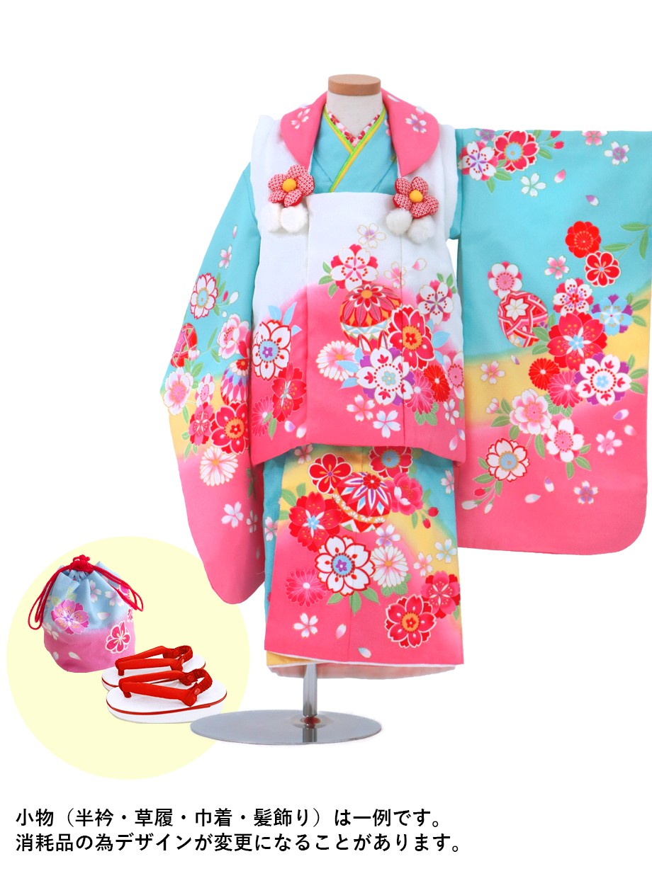 【夏におすすめ】 水色に桜と鞠の被布コートセット／七五三・三歳女の子