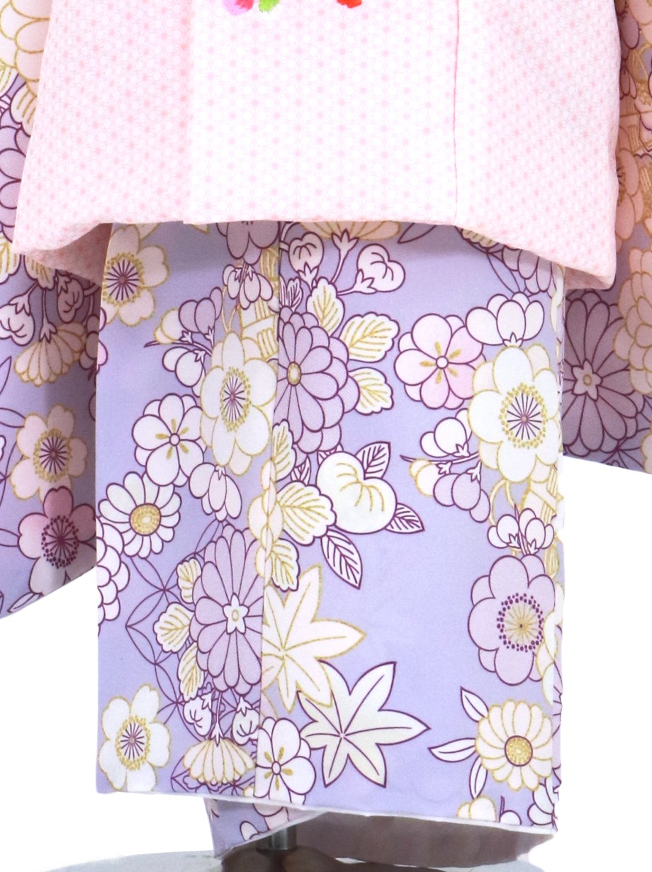 薄紫地に桜や菊、ピンクの麻の葉の被布コートセット／七五三・三歳女の子