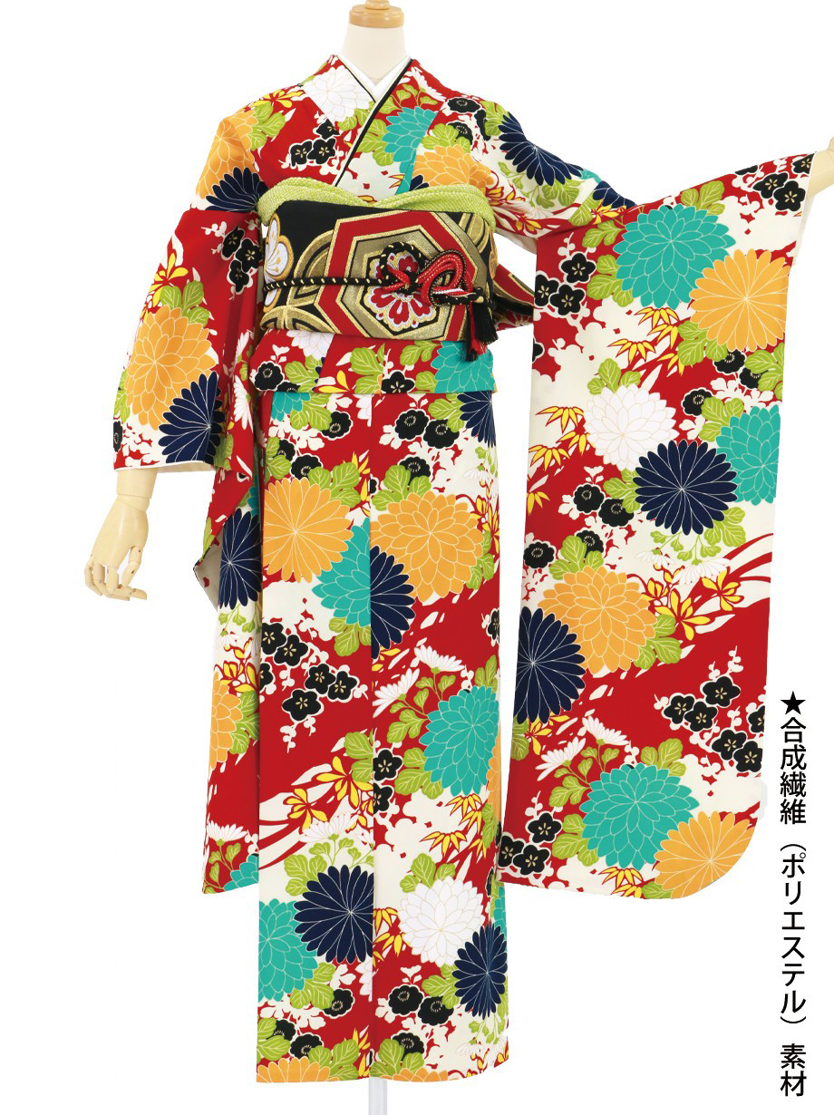 赤地に菊と梅文の振袖／標準サイズ