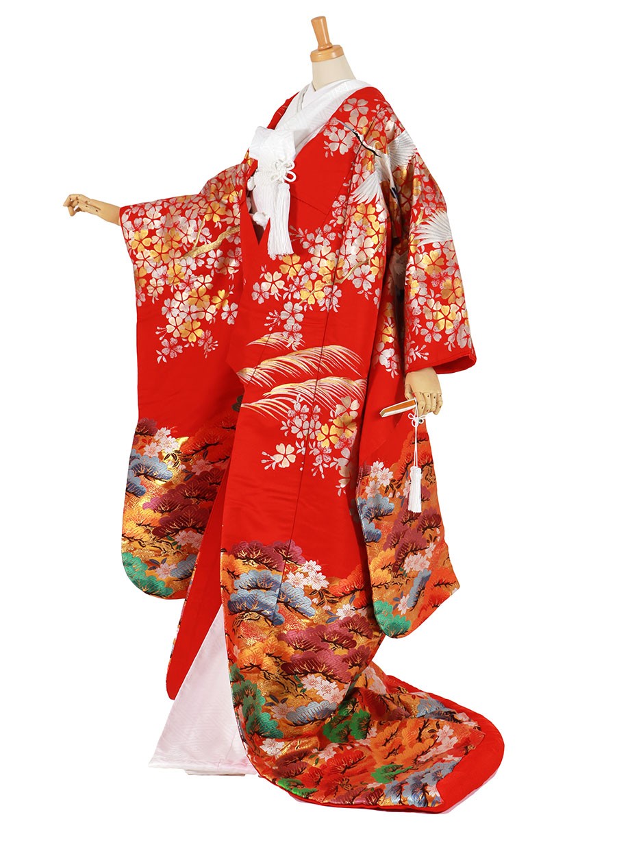 フルセット／赤地に鶴と桜に松づくしの色打掛／標準サイズ