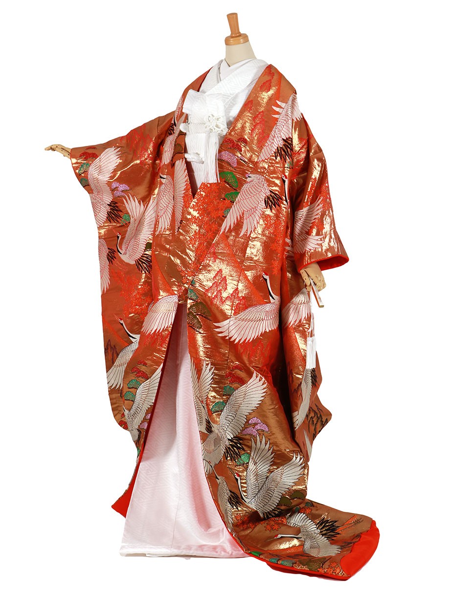 フルセット／朱金色地に鶴と紅葉 松の色打掛／標準サイズ