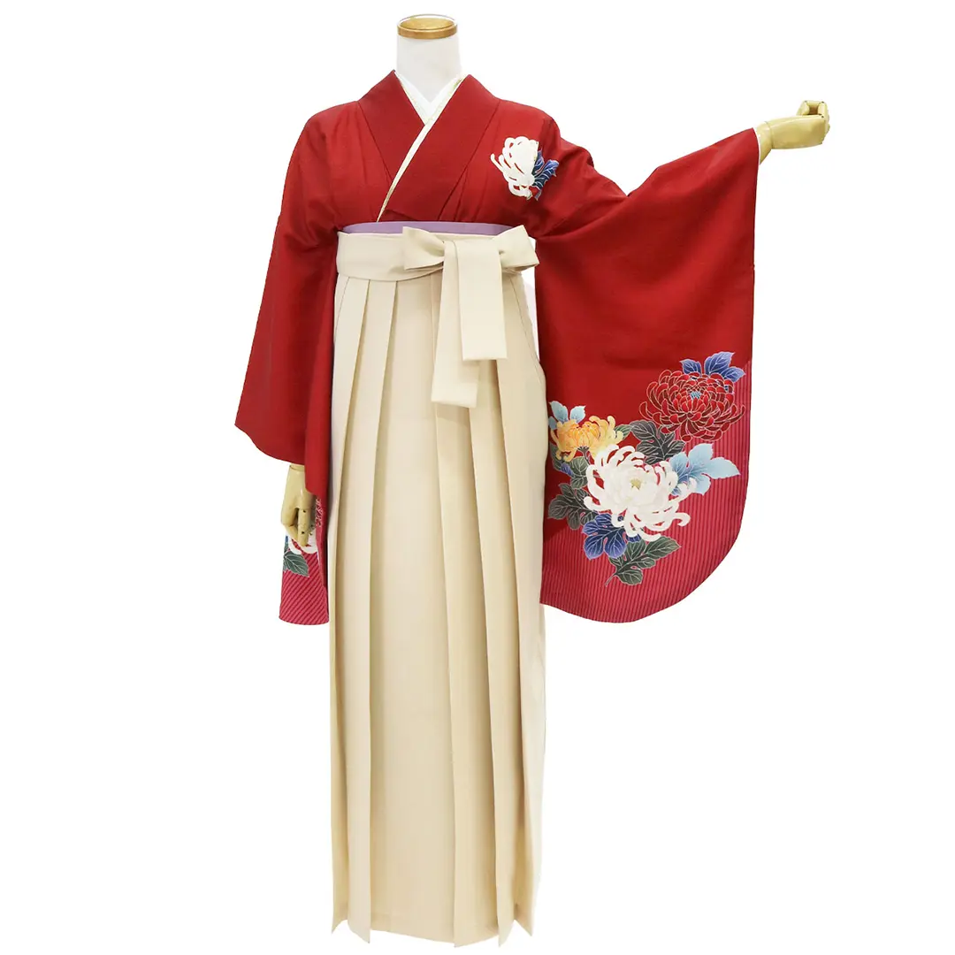 真紅に白菊・アイボリー袴（無地） （二尺袖）／卒業式