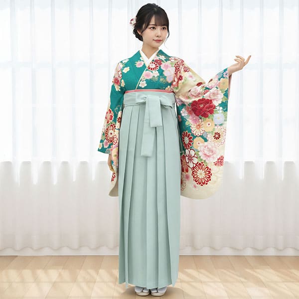 翡翠色に花尽くし・くすみグリーン袴（無地） （二尺袖）／卒業式