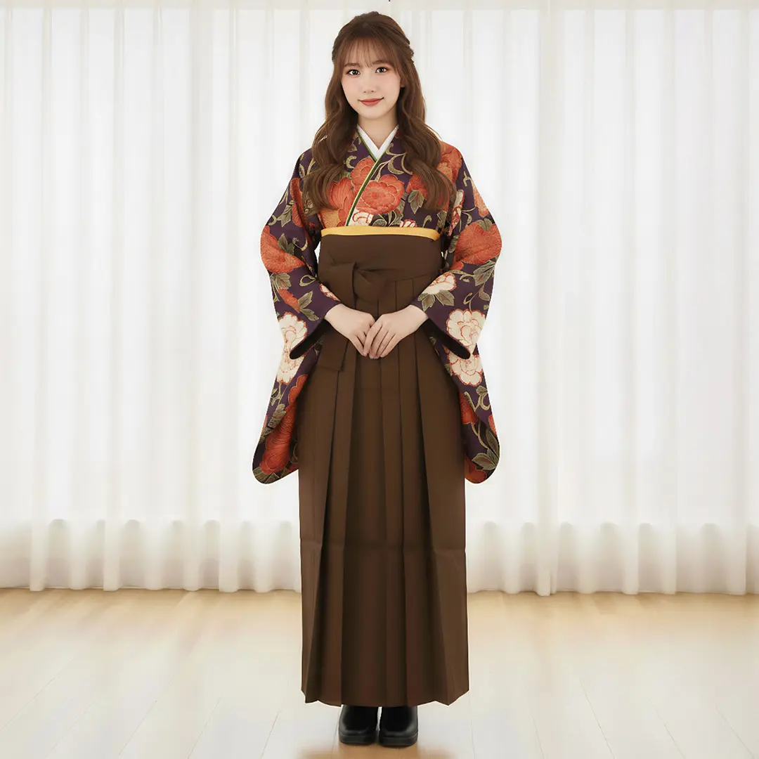 ≪ヒロミチナカノ≫紫地に赤の牡丹・茶色袴（無地） （二尺袖）／卒業式