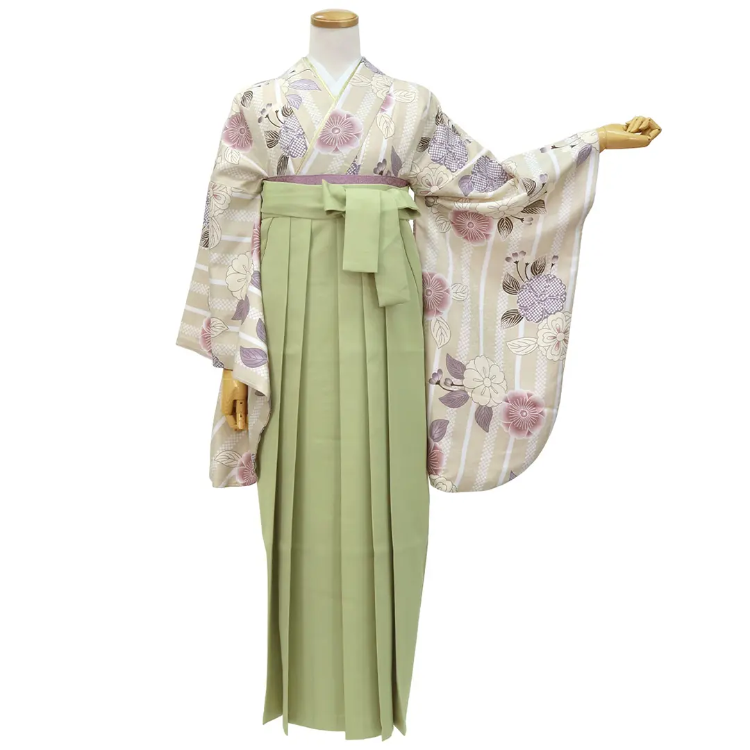 グレージュ地にストライプと桜・オリーブ袴（無地） （二尺袖）／卒業式