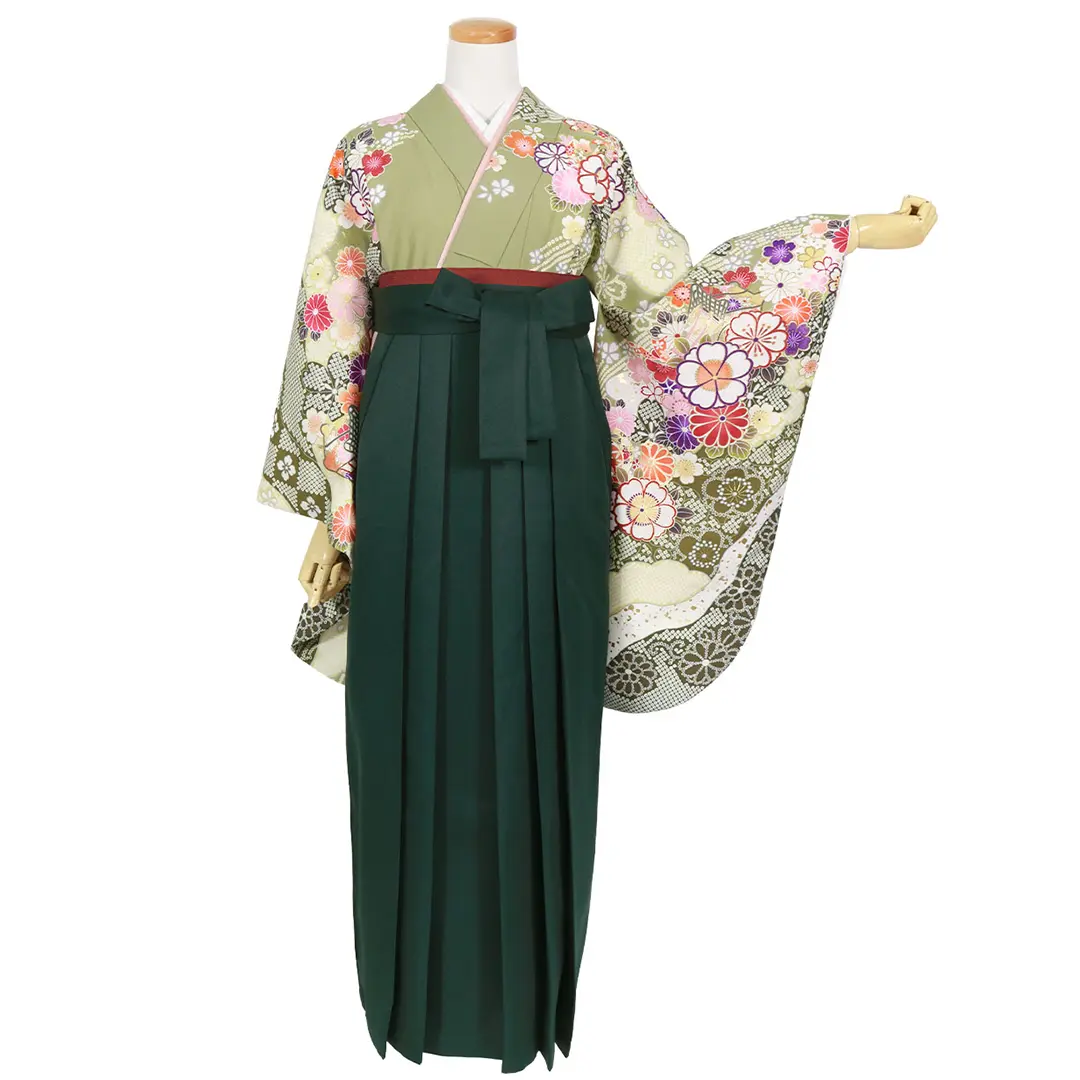 抹茶色地に桜と菊、御所車・深緑袴（無地） （二尺袖）／卒業式