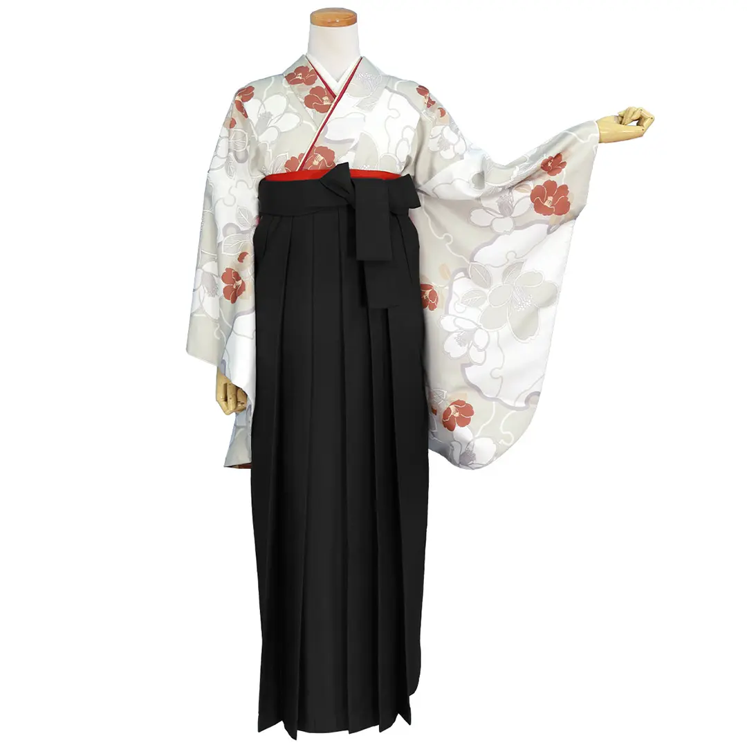 白灰地に雪輪と赤い椿・黒袴（無地） （二尺袖）／卒業式