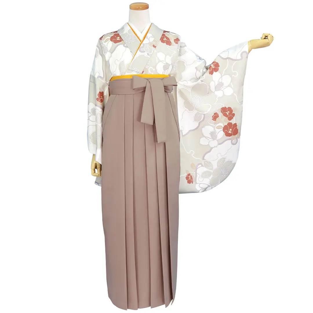 白灰地に雪輪と赤い椿・モカ袴（無地） （二尺袖）／卒業式