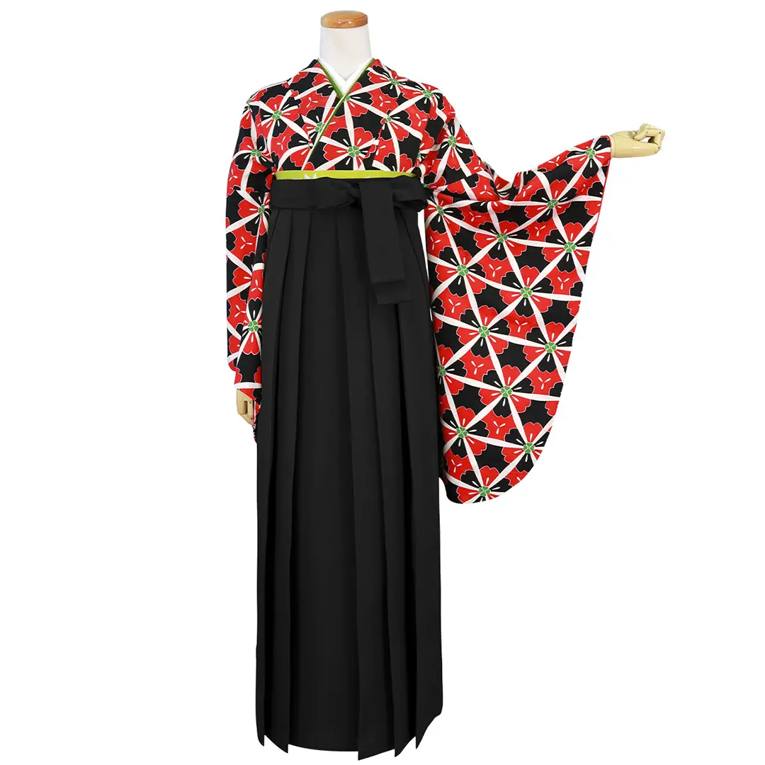 赤と黒地に花、幾何学模様・黒袴（無地） （二尺袖）／卒業式
