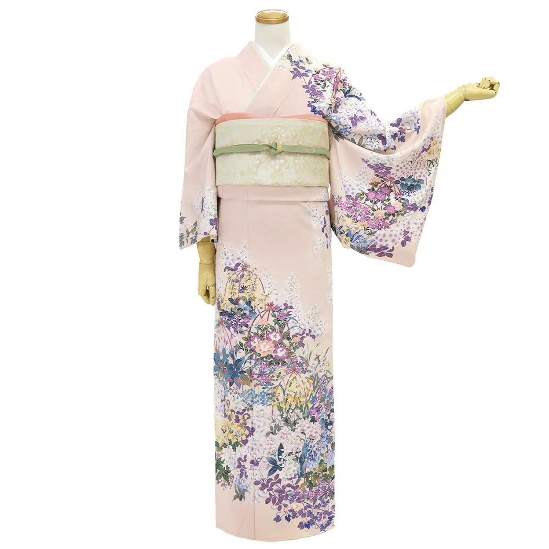 薄サーモンピンク地に百花の訪問着