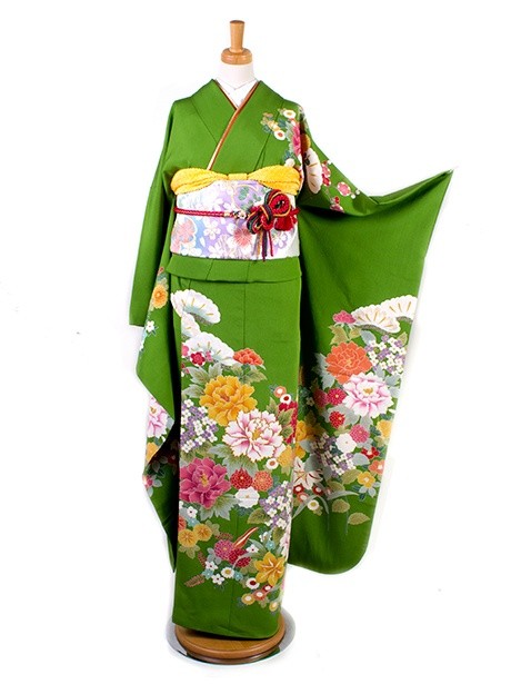 抹茶地に四季花の振袖