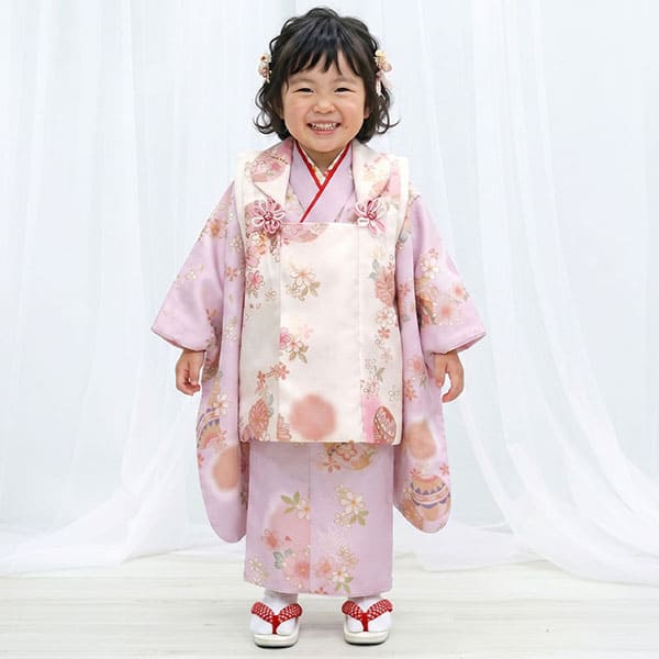 ラベンダーピンク地に桜と鞠、白の被布コートセット／七五三・三歳女の子