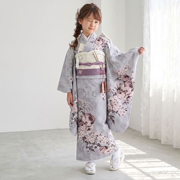 《JILLSTUART》スモーキーパープル地にローズとパンジーの着物／七五三・七歳女の子