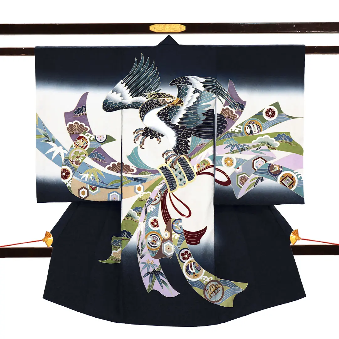 お宮参り産着／<粋>紺地に鷹と熨斗の祝い着／男児