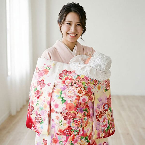 <翔月> 白地に鞠と四季花、熨斗の祝い着