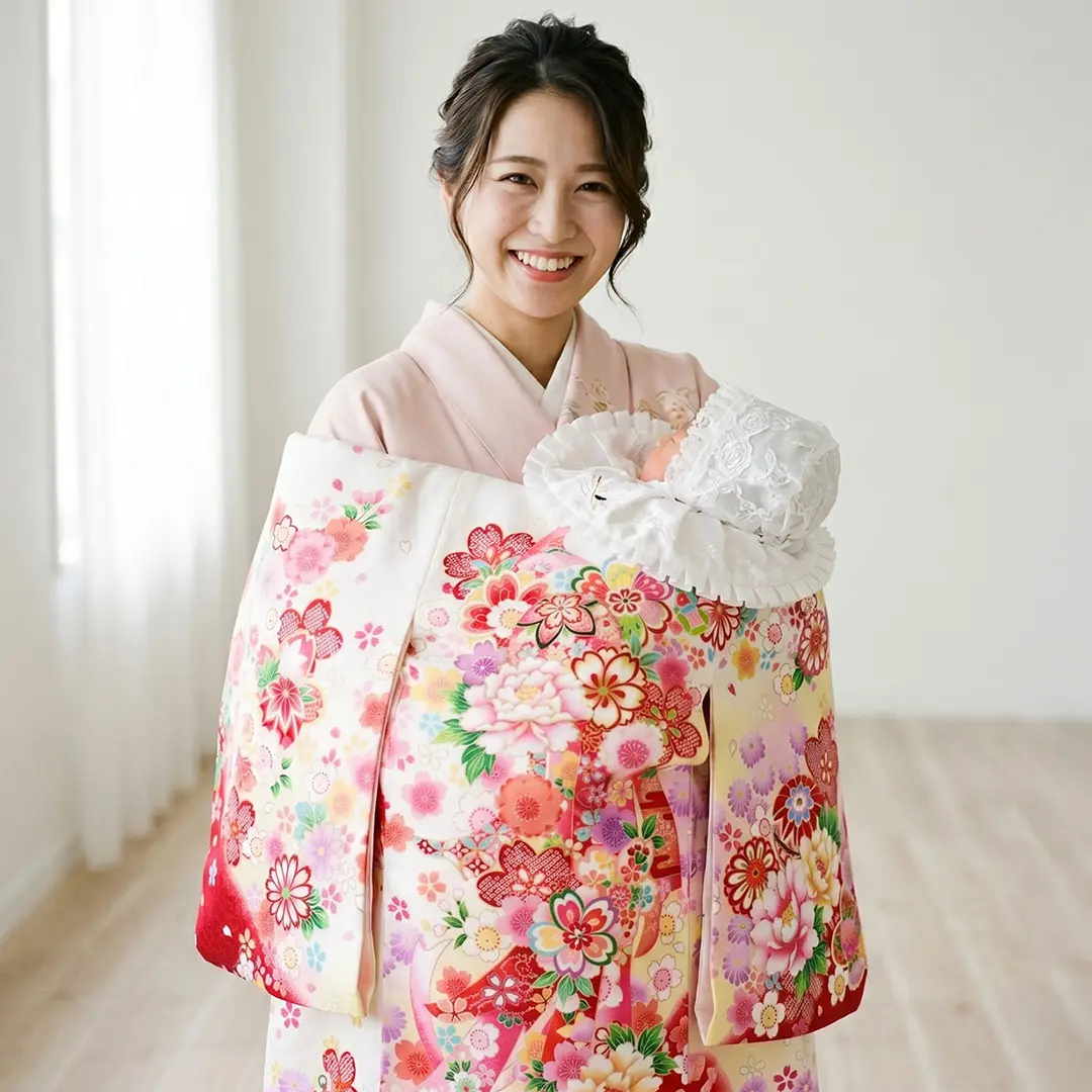 お宮参り産着／<翔月> 白地に鞠と四季花、熨斗の祝い着／女児（ポリエステル）