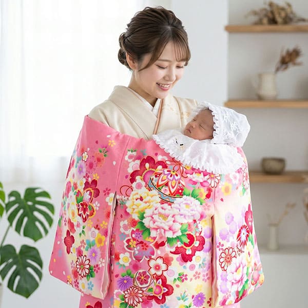 お宮参り産着／<翔月> ピンク地に四季花と鈴の祝い着／女児